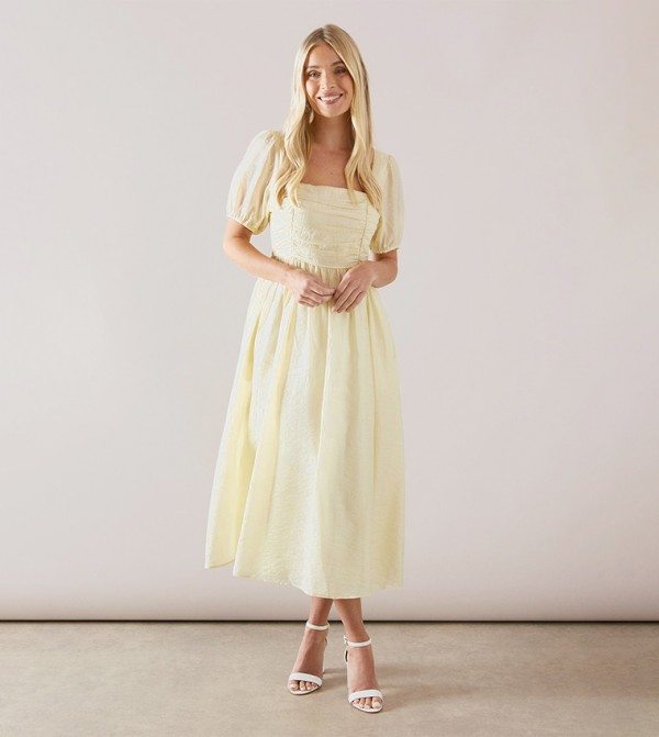 Petite Linen Mix Puff Sleeves Midi Dress