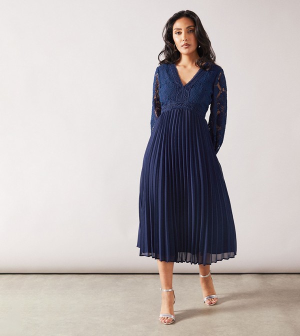 Petite Lace Pleated Skirt Midi Dress
