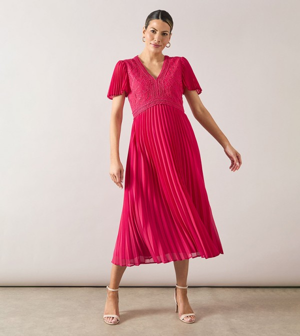 Lace Pleated Sleeves Midi Dress