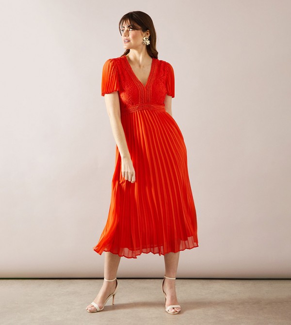 Lace Pleated Sleeves Midi Dress