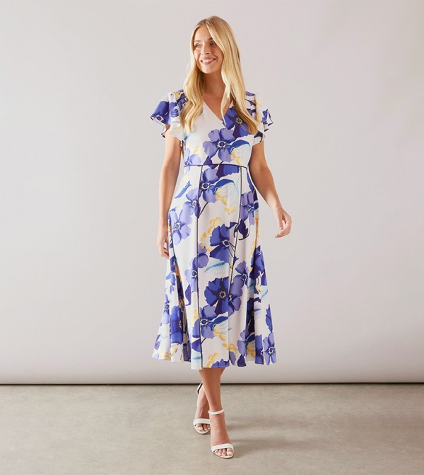 Petite Printed Flared Sleeves Midi Dress