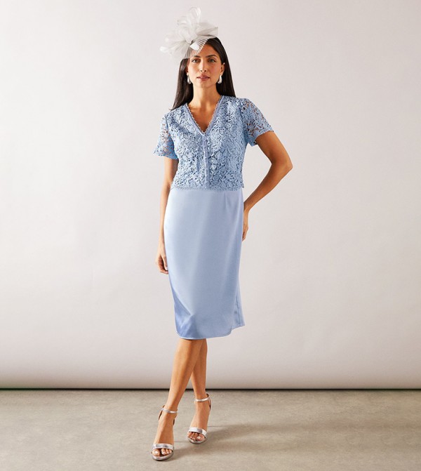 Lace Overlay Pencil Midi Dress