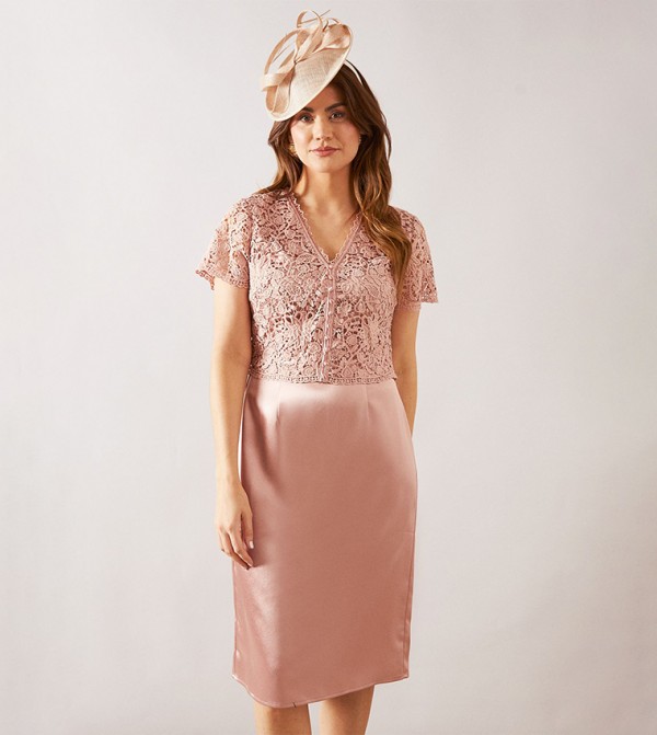 Lace Overlay Pencil Midi Dress