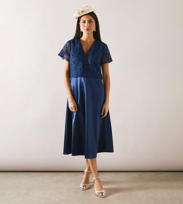 Lace Overlay Full Skirt Midi Dress