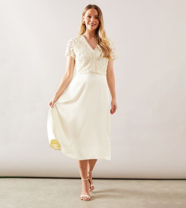 Lace Overlay Full Skirt Midi Dress
