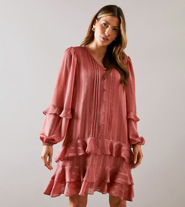 Dobby Tiered Ruffle Shift Mini Dress