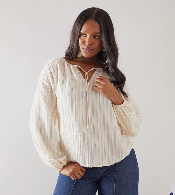 Embroidered Striped Tie Front Top