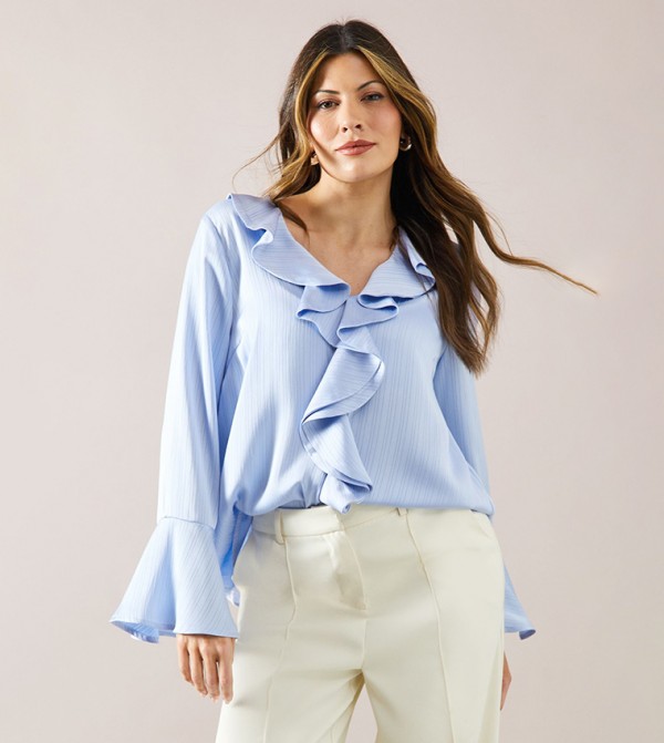 Striped Crinkle Ruffle Sleeves Top