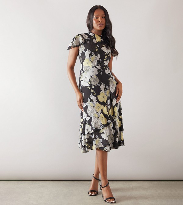 Printed Twist Neck Ruffle Midi Dress