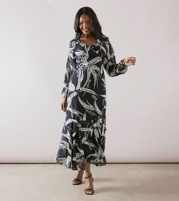 Printed Ruffle Tiered Smock Maxi Dress