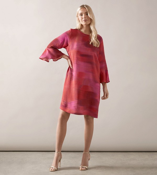 Petite Abstract Print Frill Sleeves Shift Dress