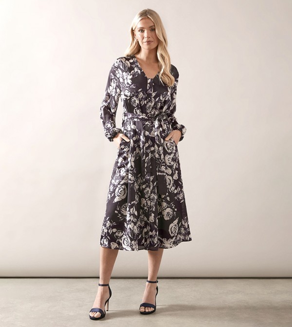 Petite Printed Chiffon Tie Waist Midi Dress