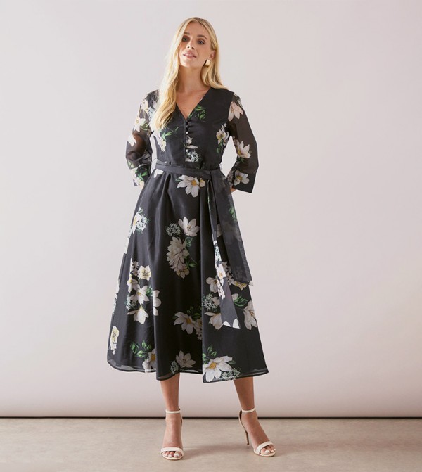 Petite Organza Floral Print Belted Midi Dress