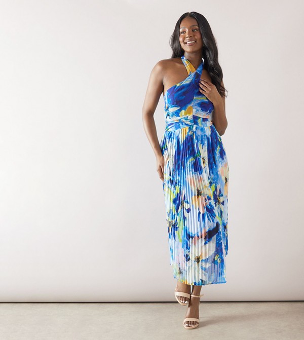 Floral Print Halterneck Pleated Midi Dress