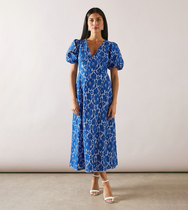 Heavy Lace Puff Sleeves Midaxi Dress