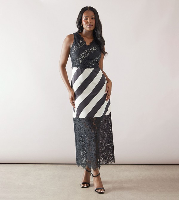 Satin Striped Lacy Panel Midi Dress