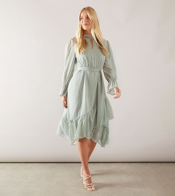 Petite Glitter Dobby High Neck Ruffle Midi Dress