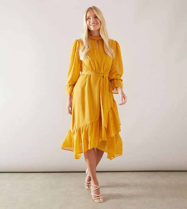Petite Glitter Dobby High Neck Ruffle Midi Dress