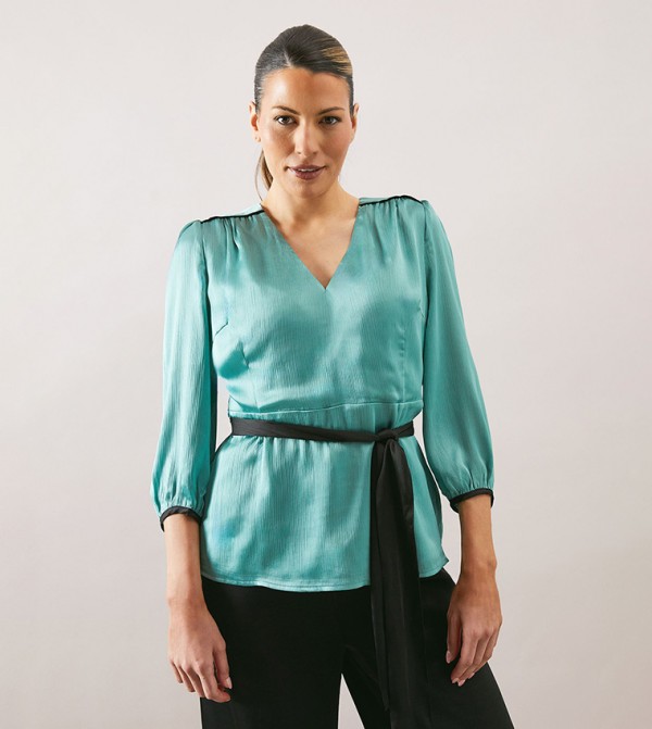 Belted V-Neck Satin Top