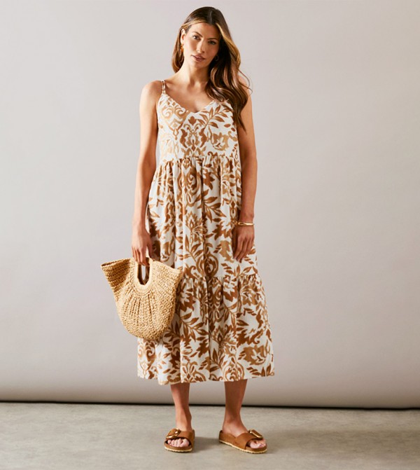 Ikat Print Strappy Tiered Midi Dress