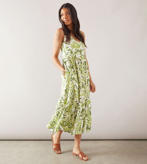 Printed Strappy Tiered Midi Dress