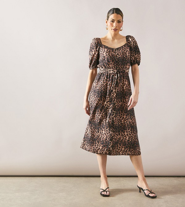 Leopard Patterned Puff Sleeves Midi Dress