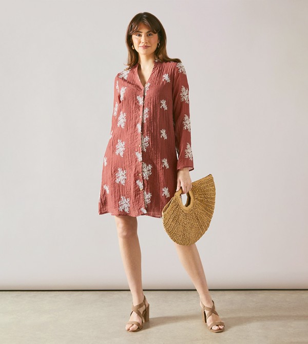 Embroidered Long Sleeves Shift Mini Dress