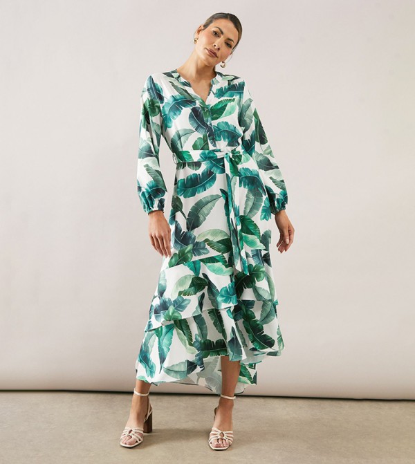 Palm Print Button Through Shirt Dress