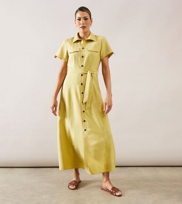 Viscose Linen Pocket Shirt Midaxi Dress