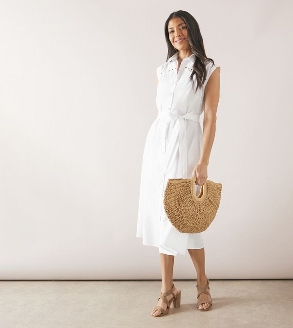 Lace Insert Belted Midi Dress