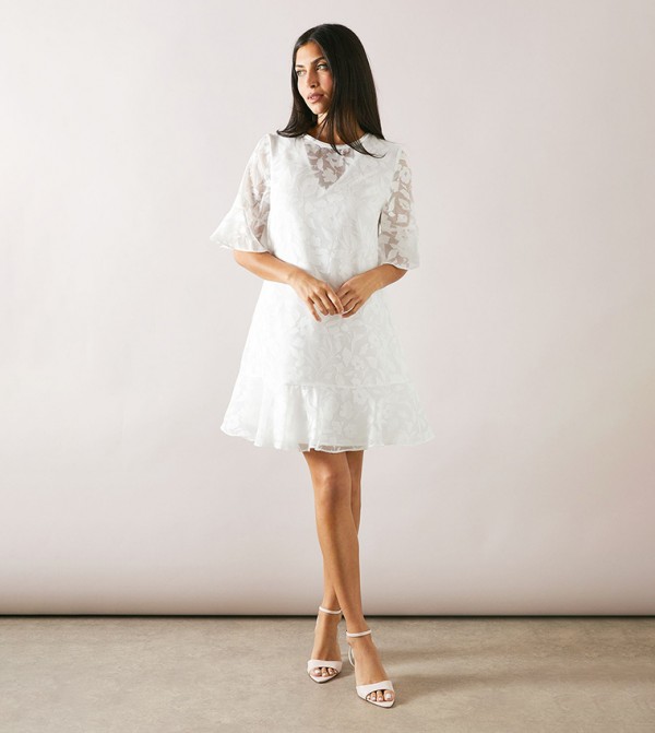Burnout Floral Print Ruffle Sleeves Shift Dress