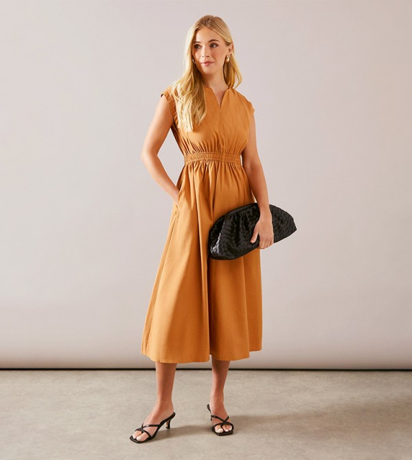 Petite Viscose Linen Shirred Waist Midi Dress