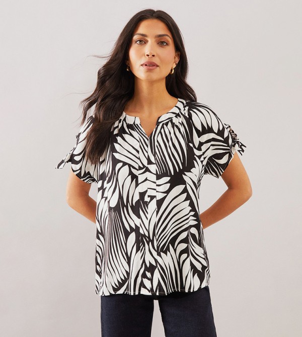 Abstract Tie Sleeves Crew Neck Top