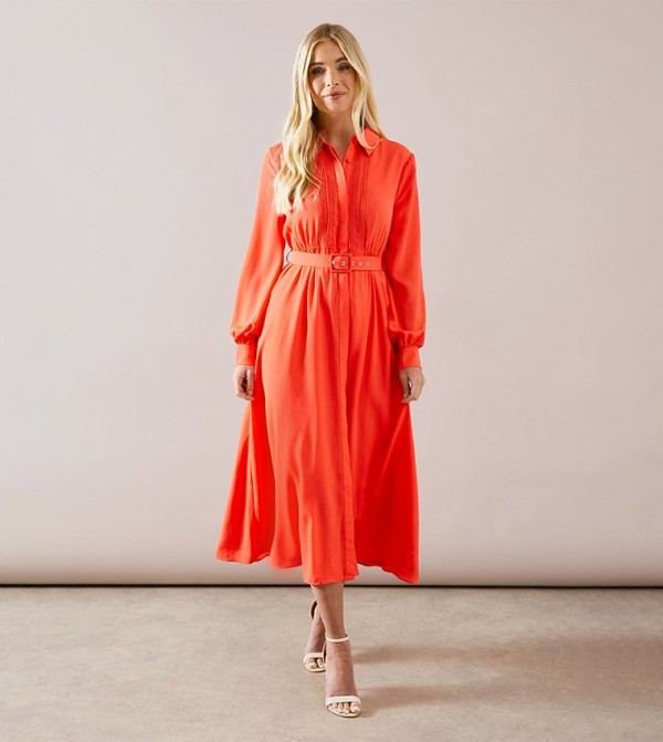 Petite Lace Trim Belted Midaxi Shirt Dress