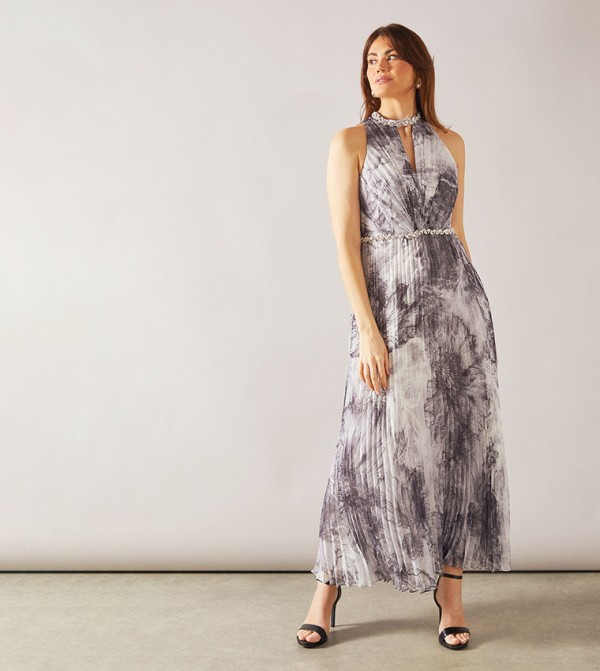 Printed Embellished Pleated Maxi Dress