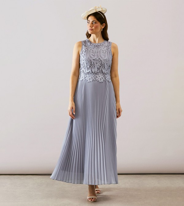 Lace Overlay Pleated Maxi Dress