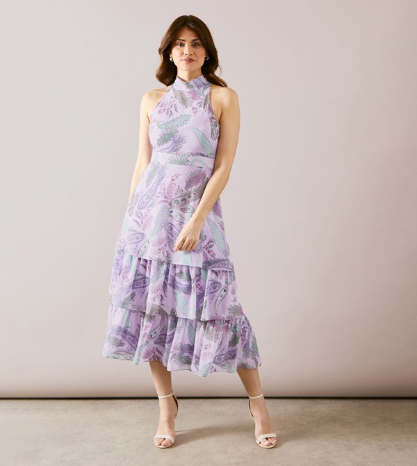 Printed Halterneck Tiered Midi Dress