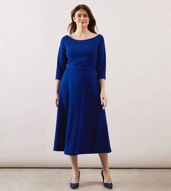 Bardot Belted Crepe Midi Dress with Covered Buckle