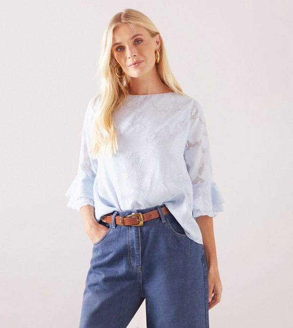 Petite Jacquard Frill Sleeves Top
