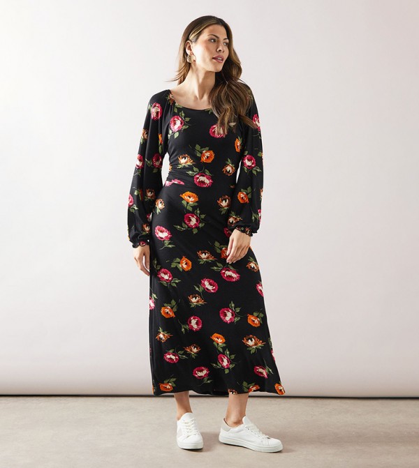 Floral Printed Square Neck Viscose Jersey Midi Dress