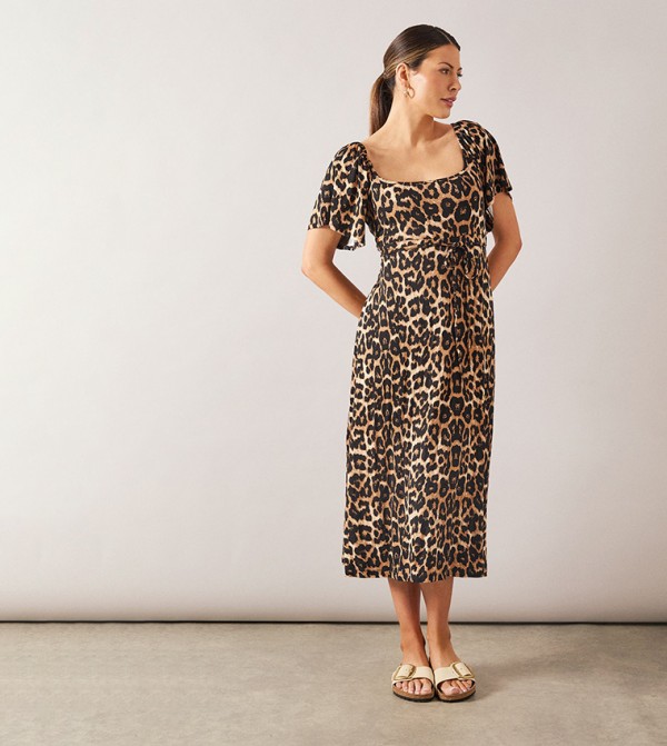 Leopard Print Split Sleeves Viscose Jersey Midi Dress
