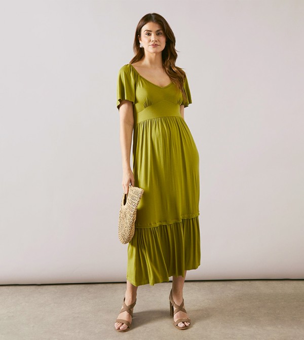 Viscose Ruffle Short Sleeves Midi Dress