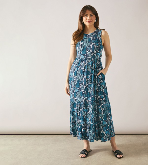 Snake Print Sleeveless Viscose Jersey Tiered Midi Dress
