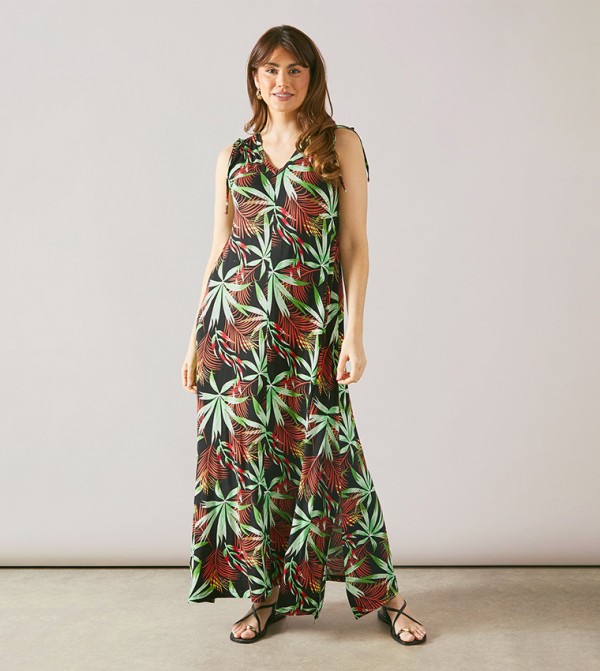 Tropical Print Sleeveless Viscose Maxi Swing Dress