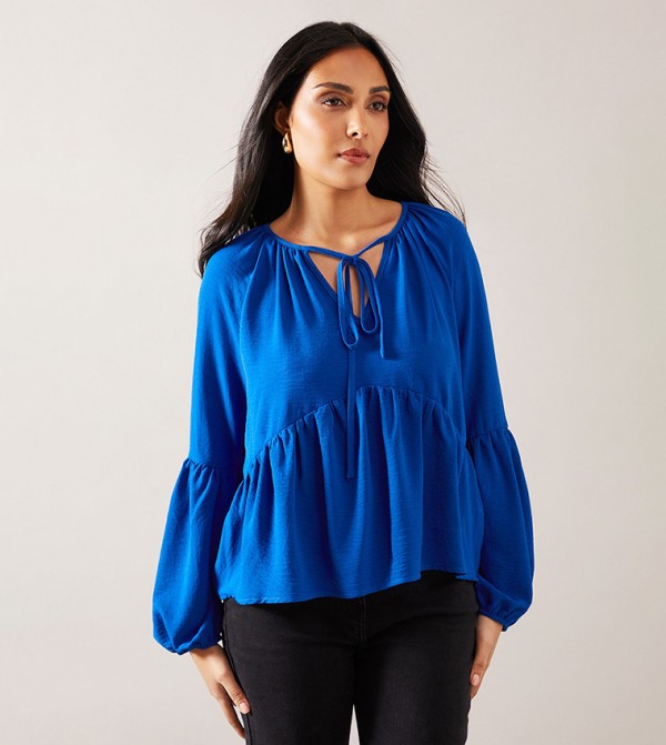 Petite Woven Tie Neck Smock Top