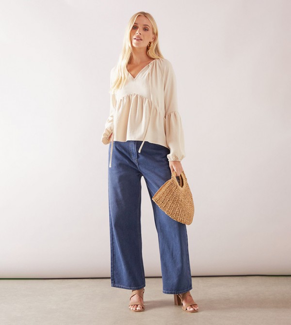 Petite Woven Tie Neck Smock Top
