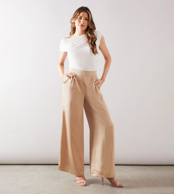 Satin Pleated Detail Wide Leg Trousers