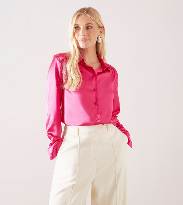 Petite Button Front Satin Shirt