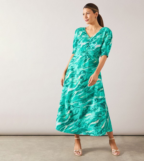 Abstract Print Ruched Midi Dress