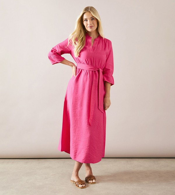Petite Collarless Belted Shirt Dress